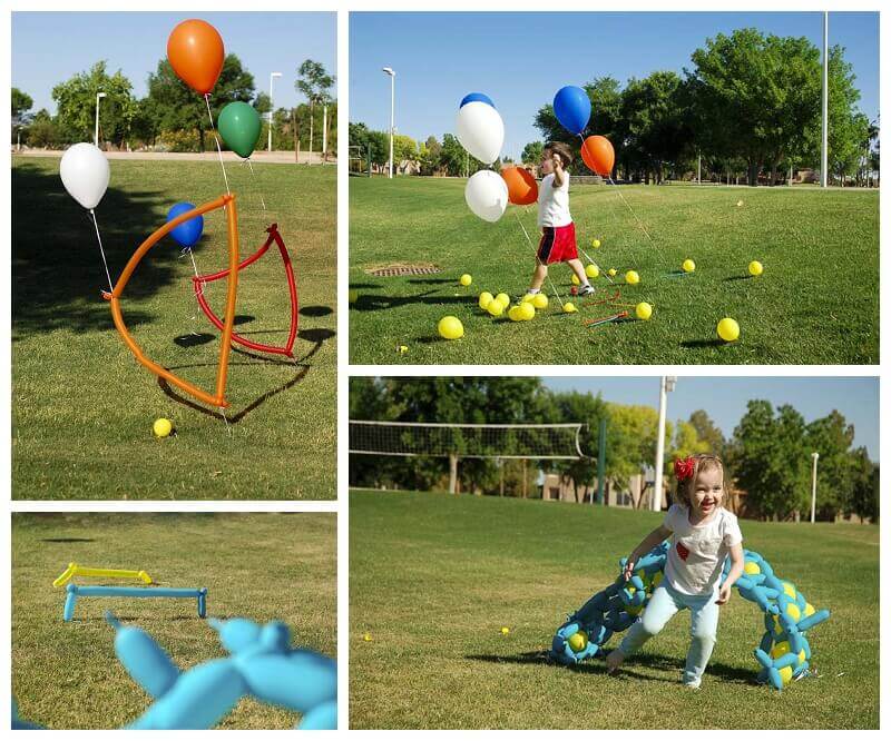 Collage of small children going through a balloon obstacle course at a balloon birthday party in a park.