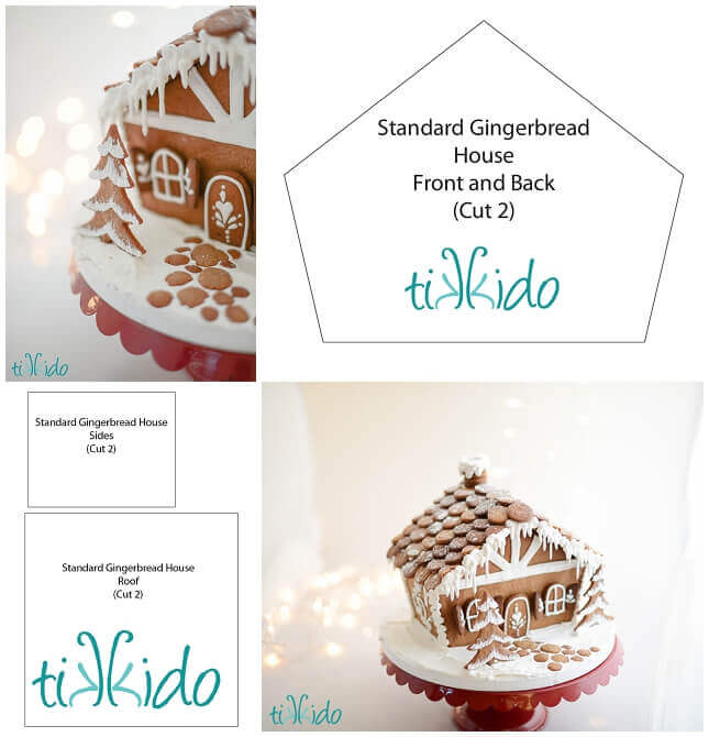 Collage of chalet gingerbread house template pictures.