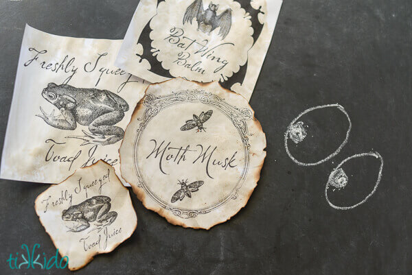 Free printable Halloween potion bottle labels aged with tea staining