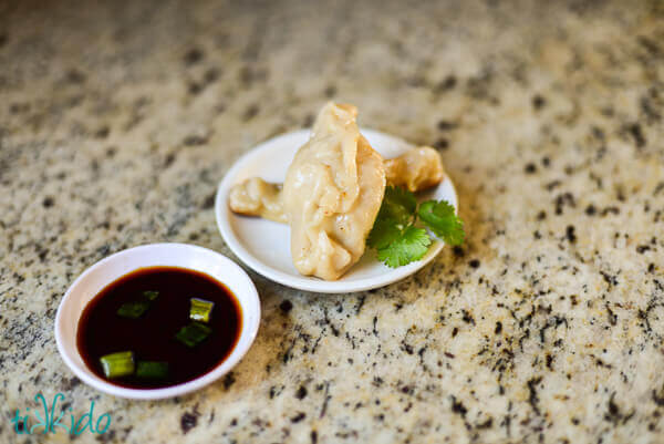 Two Chinese dumplings on a small white plate next to a small dish of soy sauce.