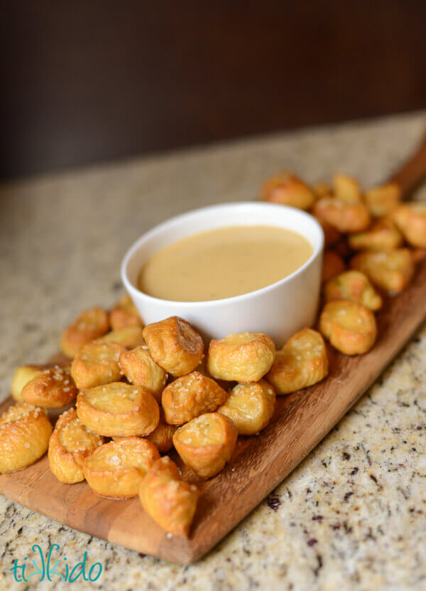 Beer and Cheddar cheese dipping sauce with pretzels