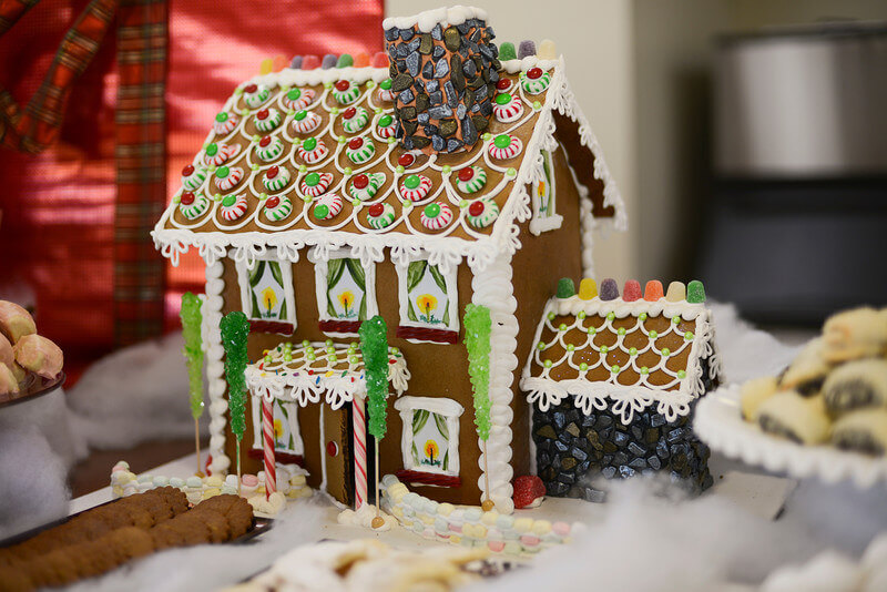 Candy covered traditional gingerbread house.