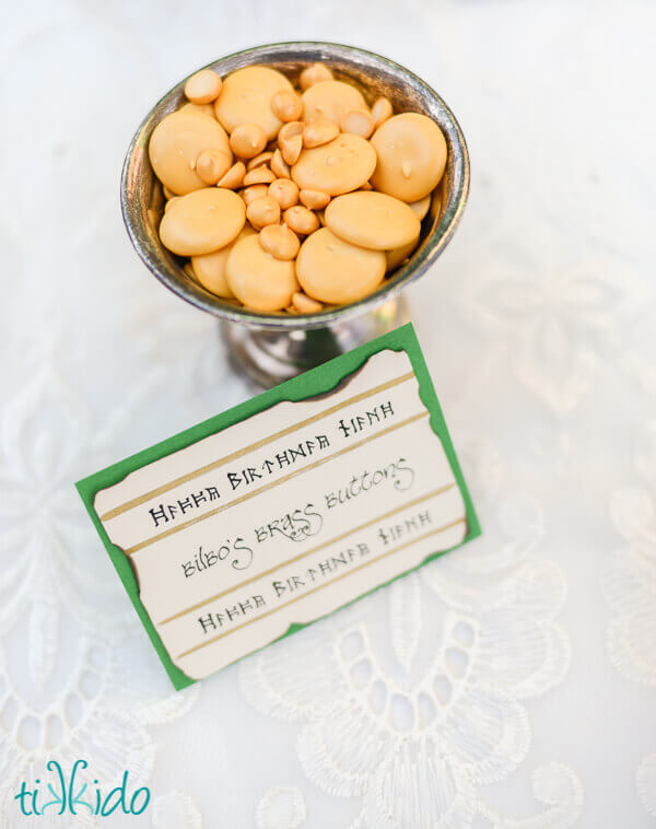 Bilbo's brass buttons candies made from royal icing at the Hobbit birthday party.