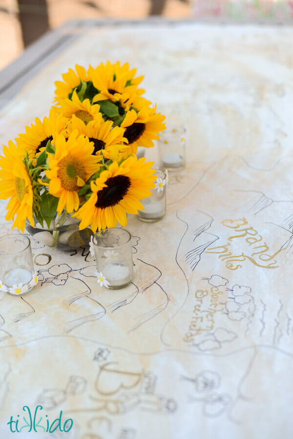 Paper table runner that looks like a map of middle earth at the Lord of the Rings birthday