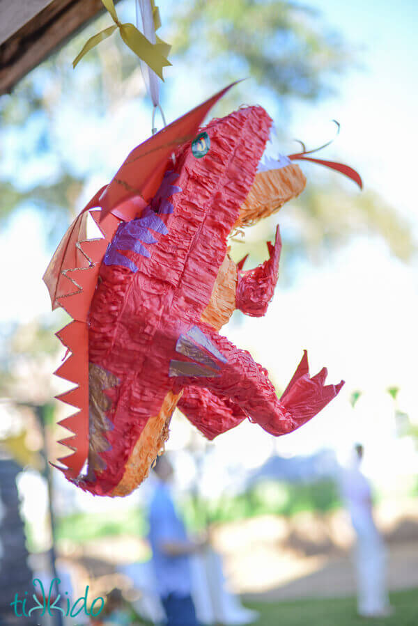 Smaug the dragon piñata hanging at the Hobbit birthday party.