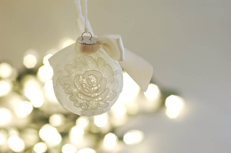 Ball Keepsake Christmas Ornament made with fabric and lace from a bride's wedding veil.