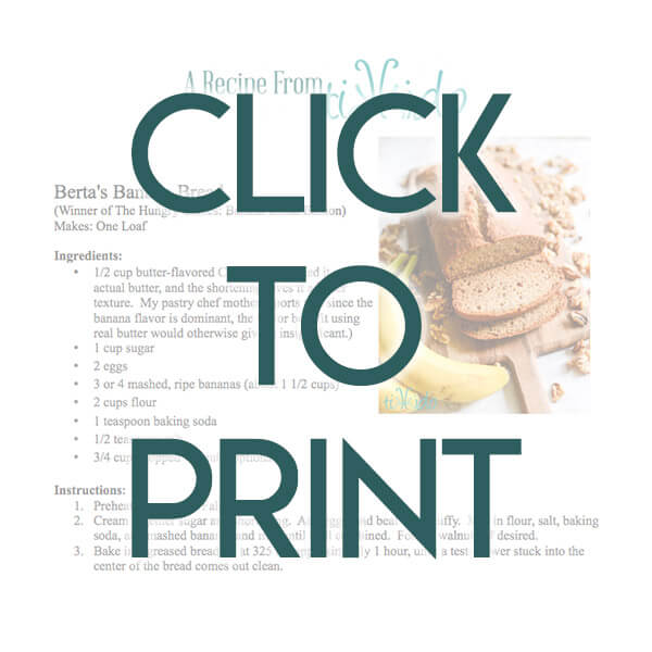 Banana Bread Recipe navigational image leading reader to one page, printable banana bread recipe.