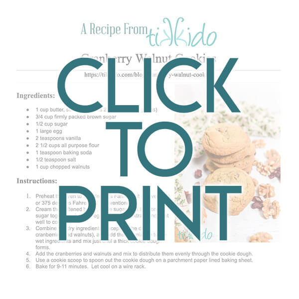 cranberry walnut cookie recipe Navigational image leading reader to one page, printable, PDF version of the cranberry walnut cookie recipe.