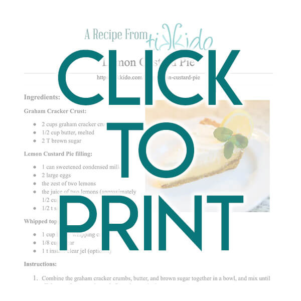 Lemon Custard Pie with Graham Cracker Crust Navigational image leading reader to printable, one page recipe for lemon custard pie with graham cracker crust.