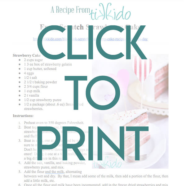 Strawberry Cake Recipe Navigational image leading reader to one page, printable PDF Strawberry Cake Recipe