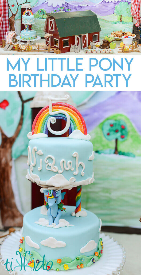 Collage of My Little Pony Birthday party dessert table pictures, optimized for Pinterest.