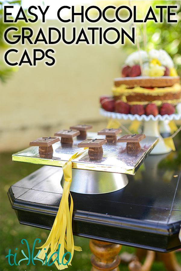 chocolate graduation caps for a graduation party on a silver cake stand.
