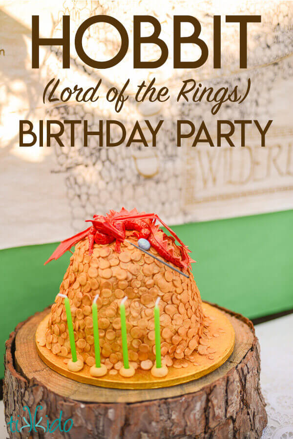 Cake that looks like Smaug on top of a horde of coins for a Lord of the Rings birthday party