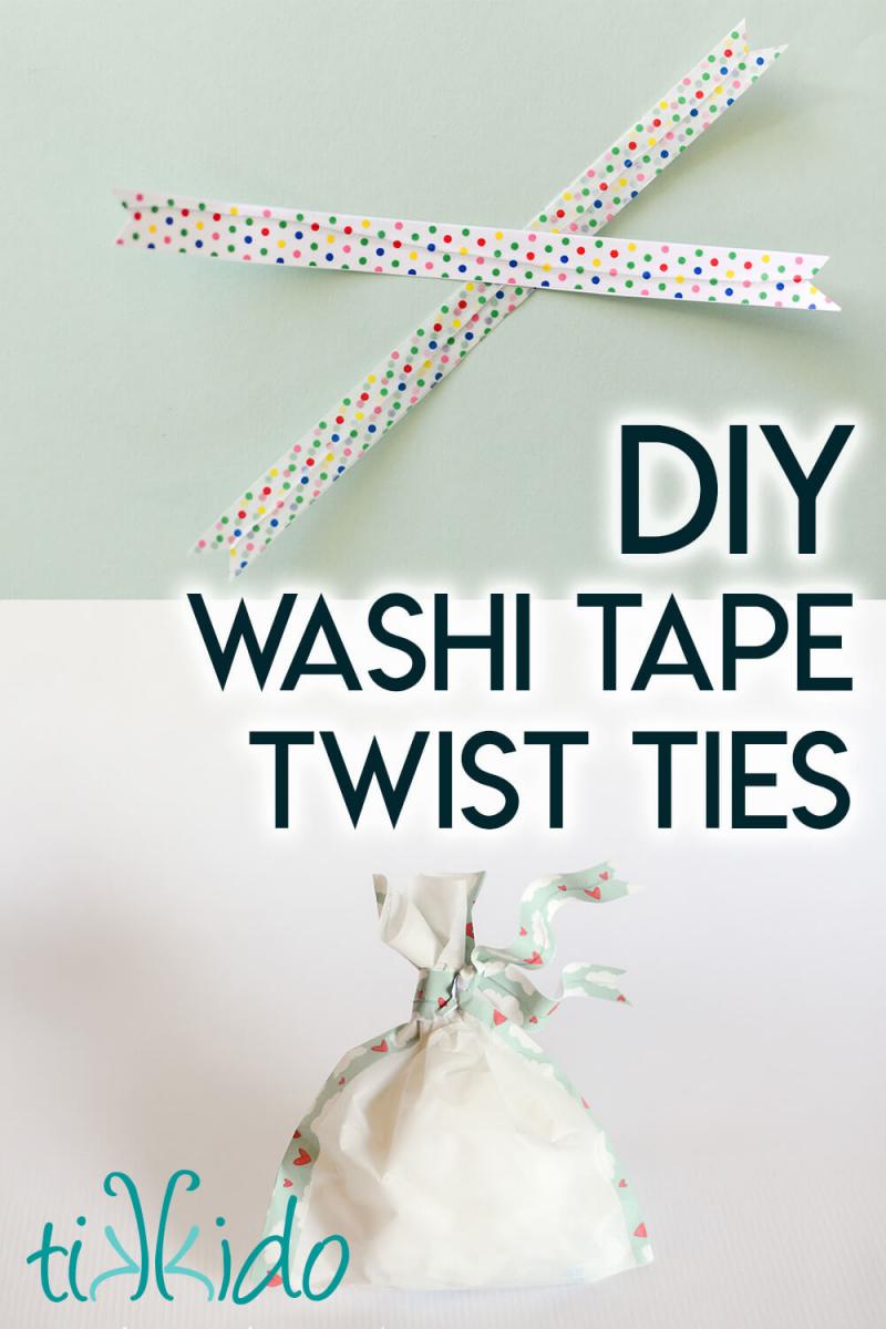 DIY twist ties made with washi tape on a light blue background, and twisted around a white favor bag.