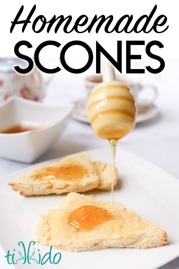Easy Scones Recipe classic scone made with an easy scones recipe, cut in half and being drizzled with honey.