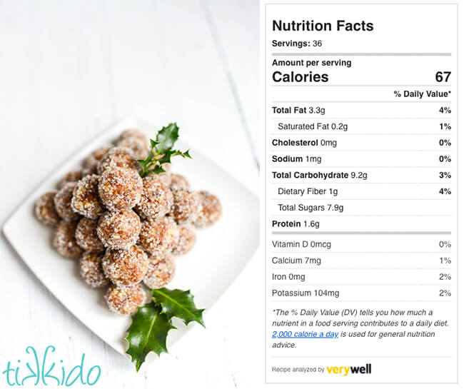 Sugar Plums Recipe Picture of traditional sugar plums next to a nutrition facts chart for the Sugar Plums Recipe.