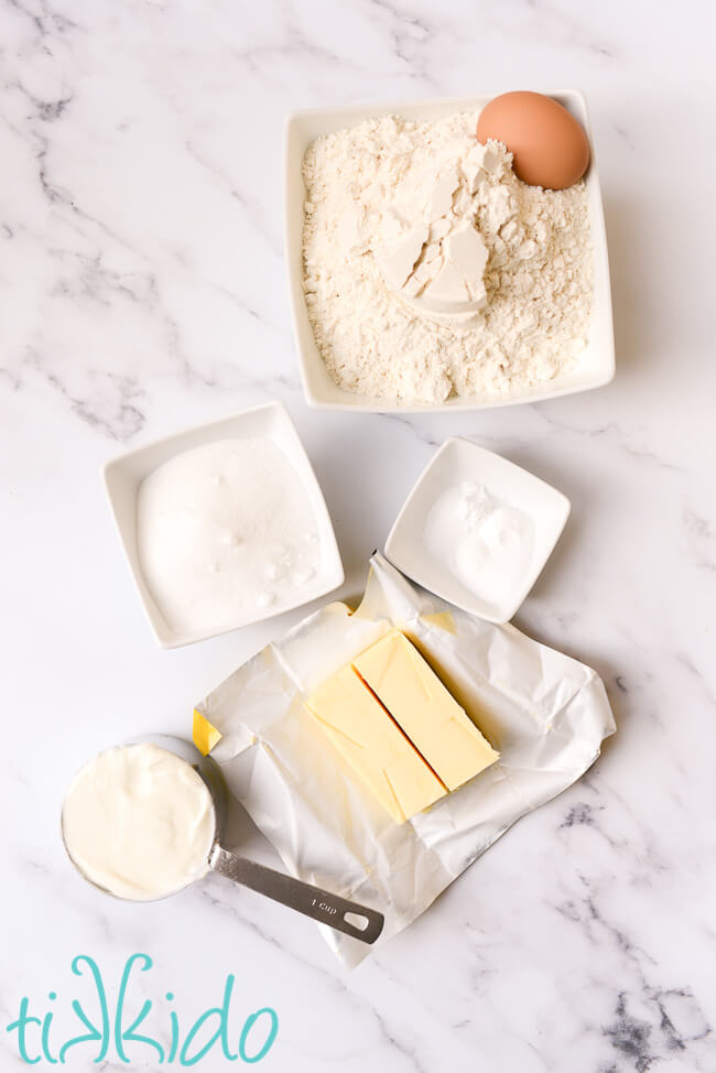 Easy Scones Recipe Ingredients for easy scones recipe on a a marble surface.