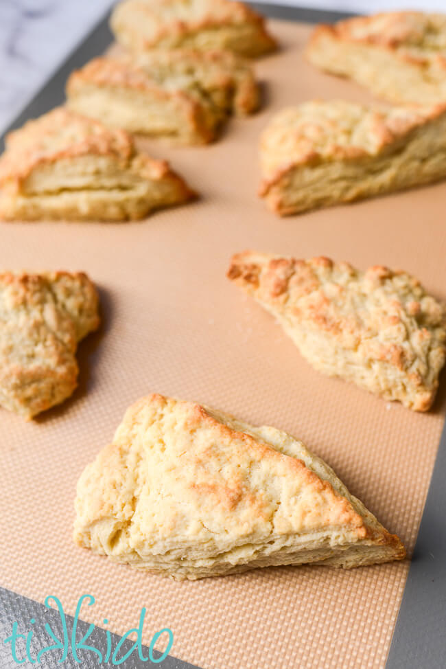Easy Scones Recipe Easy scones baked on a silpat lined baking sheet.